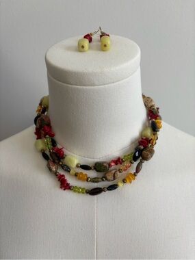 Multi-Color gemstone and glass beaded Necklace with Earrings